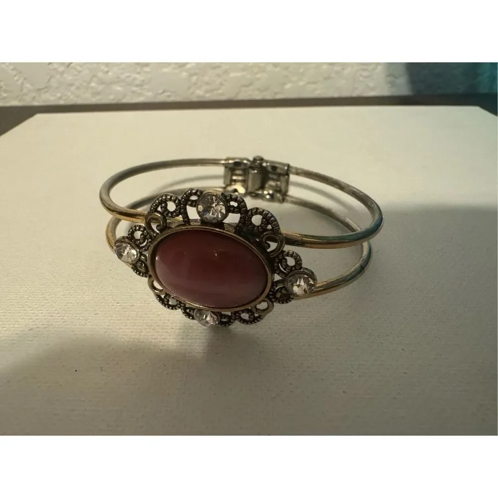 Vintage oval cats eye brass art deco statement cuff bracelet
